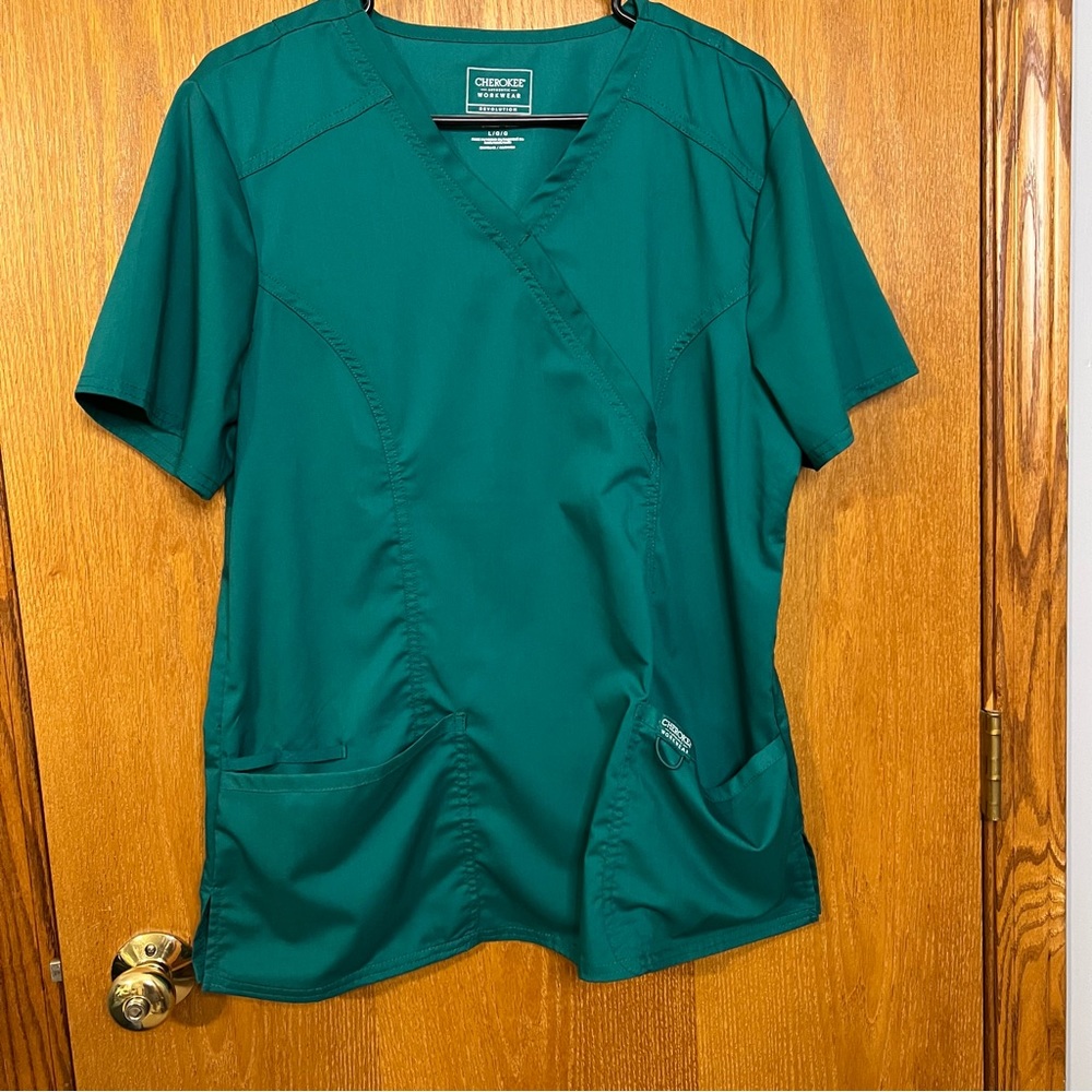 Cherokee Large Womens Authentic Workwear Revolution Stretch Teal Green Scrub Top